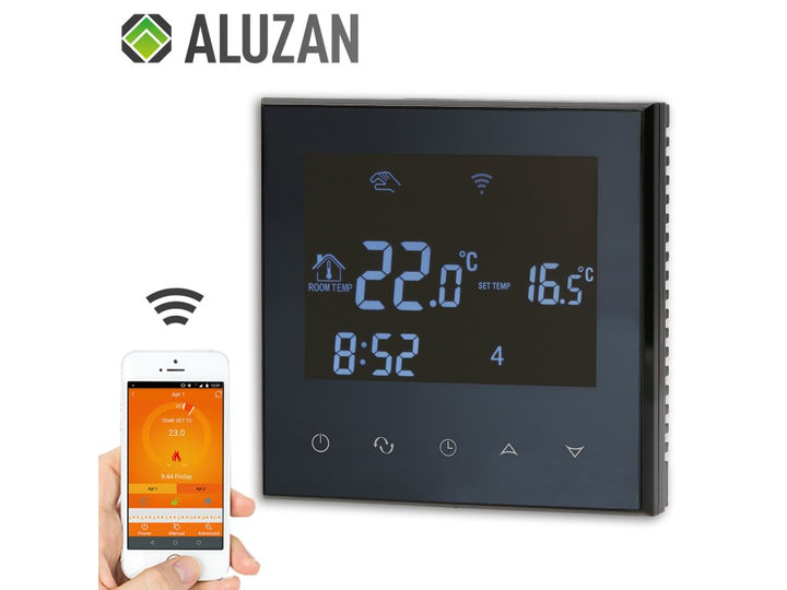 Aluzan Class E-16 WiFi, programmable room thermostat for switching electric heaters up to 16A, remote controllable via Android or iOS app