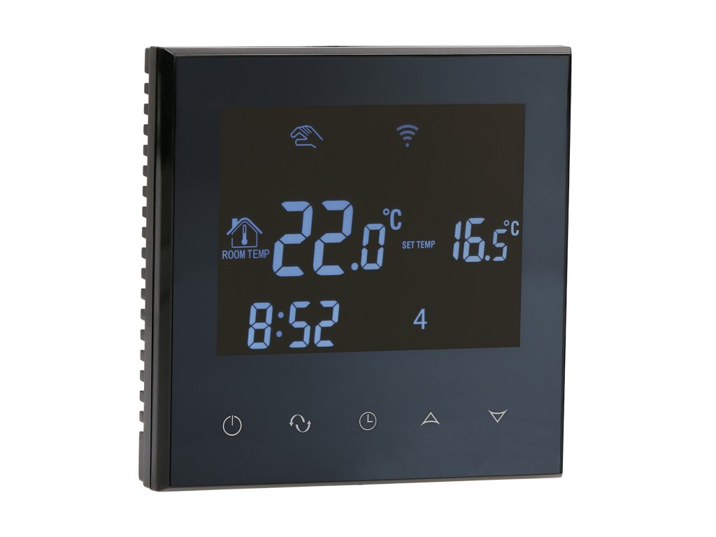 Aluzan Class E-16 WiFi, programmable room thermostat for switching electric heaters up to 16A, remote controllable via Android or iOS app