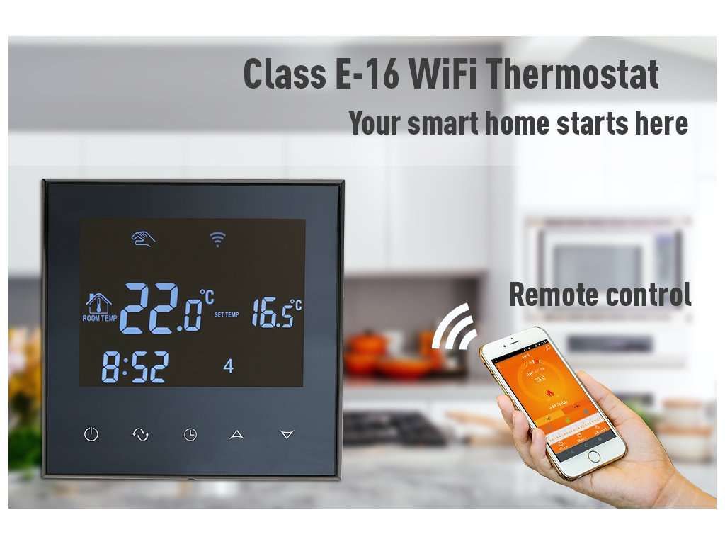 Aluzan Class E-16 WiFi, programmable room thermostat for switching electric heaters up to 16A, remote controllable via Android or iOS app