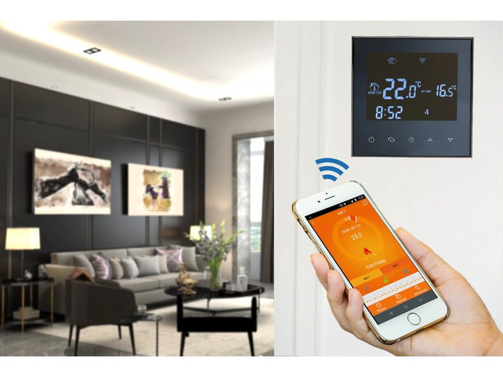 Aluzan Class E-16 WiFi, programmable room thermostat for switching electric heaters up to 16A, remote controllable via Android or iOS app