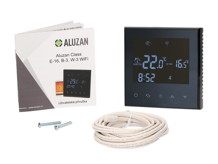 Aluzan Class E-16 WiFi, programmable room thermostat for switching electric heaters up to 16A, remote controllable via Android or iOS app