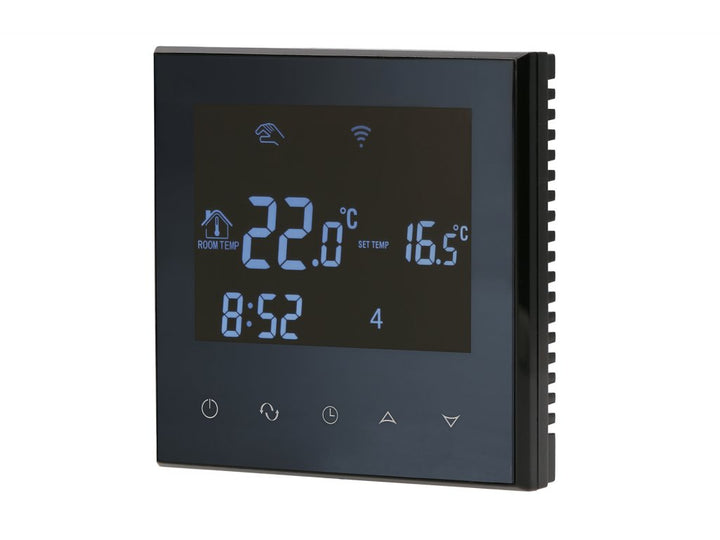 Aluzan Class E-16 WiFi, programmable room thermostat for switching electric heaters up to 16A, remote controllable via Android or iOS app