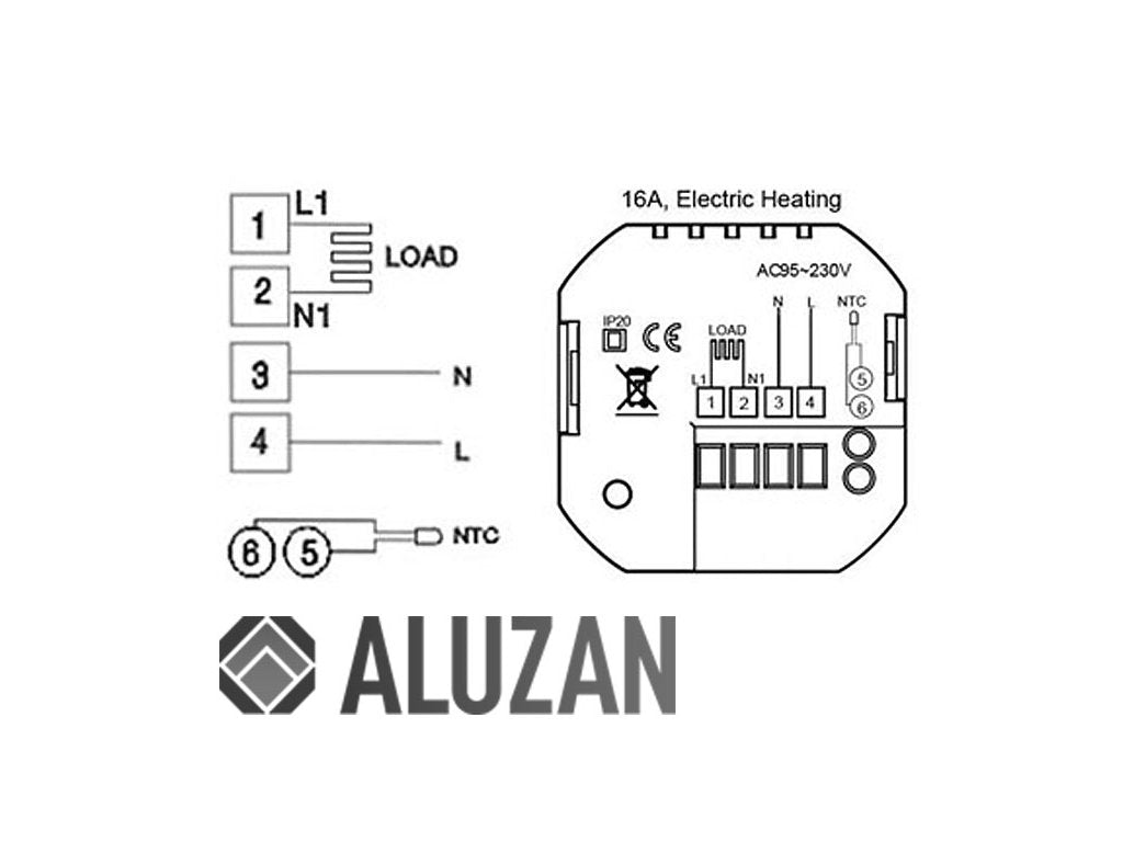 Aluzan Class E-16 WiFi, programmable room thermostat for switching electric heaters up to 16A, remote controllable via Android or iOS app