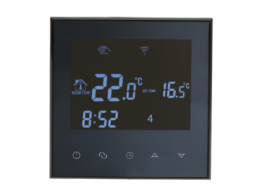 Aluzan Class E-16 WiFi, programmable room thermostat for switching electric heaters up to 16A, remote controllable via Android or iOS app