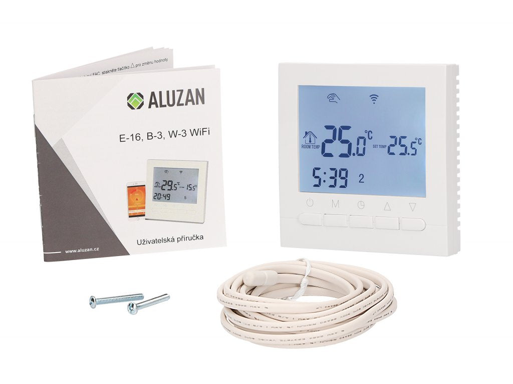 Aluzan E-16 WiFi, programmierbarer Raumthermostat zum Schalten von Elektroheizungen bis zu 16A, fernsteuerbar über Android- oder iOS-App